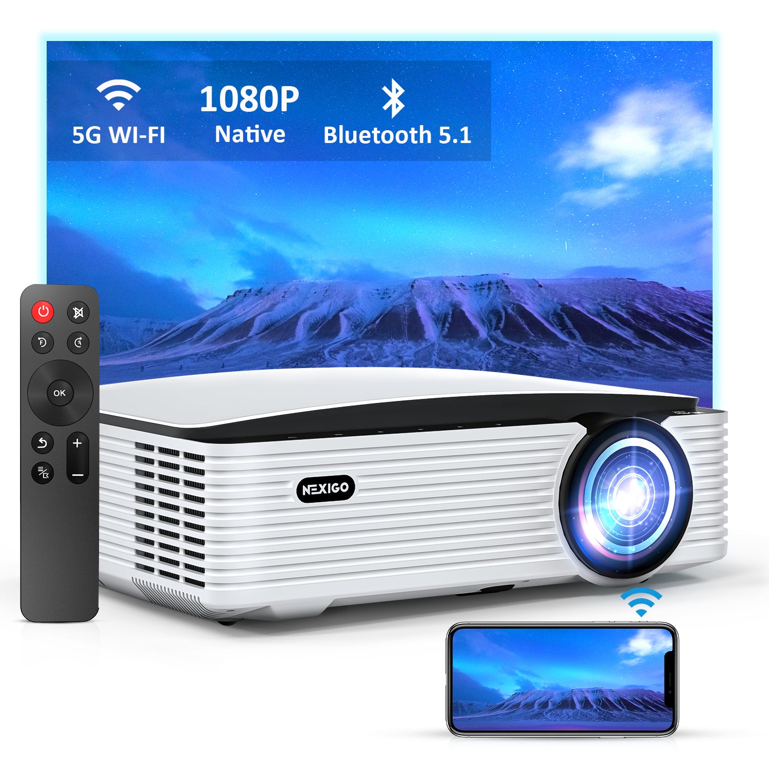 A 1080P projector with remote control and support for mobile screen casting.