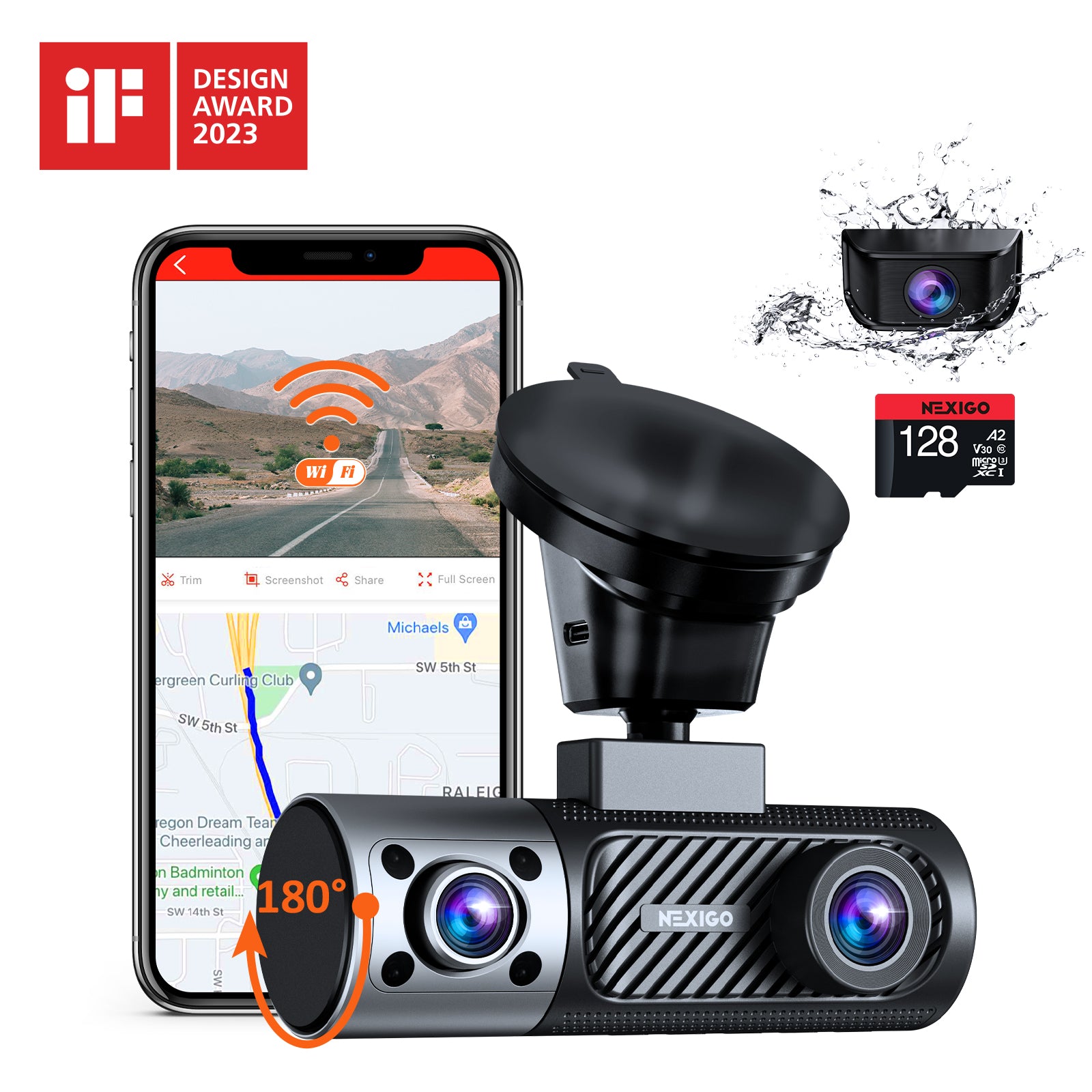 Waterproof Dash Cam with 180° Rotatable Camera, WiFi