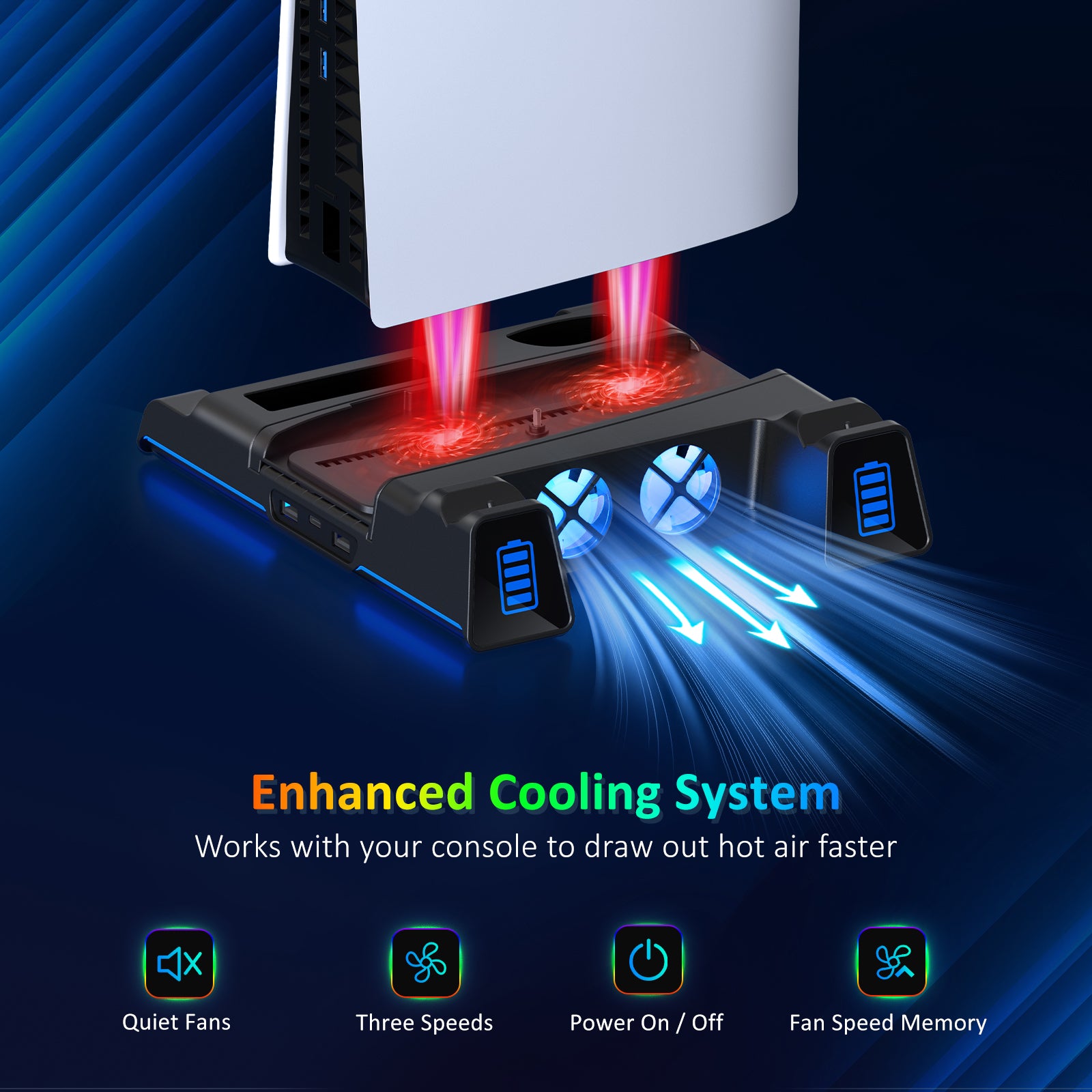 Efficient cooling system with dual fans and bottom vents, reducing console temperature.