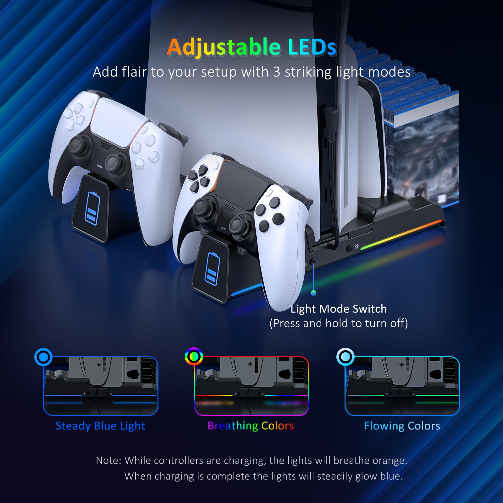 The base features RGB light strips on both sides. Easily switch lighting modes with the side button.