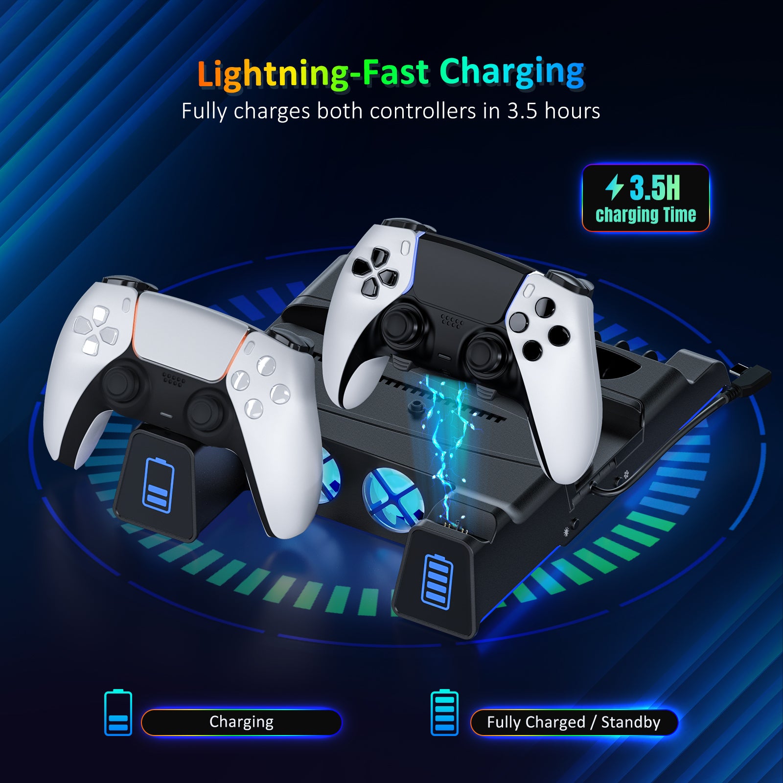 The stand charges two PS5 DualSense or Edge controllers in 3.5 hours, with a steady blue light indicating full charge.