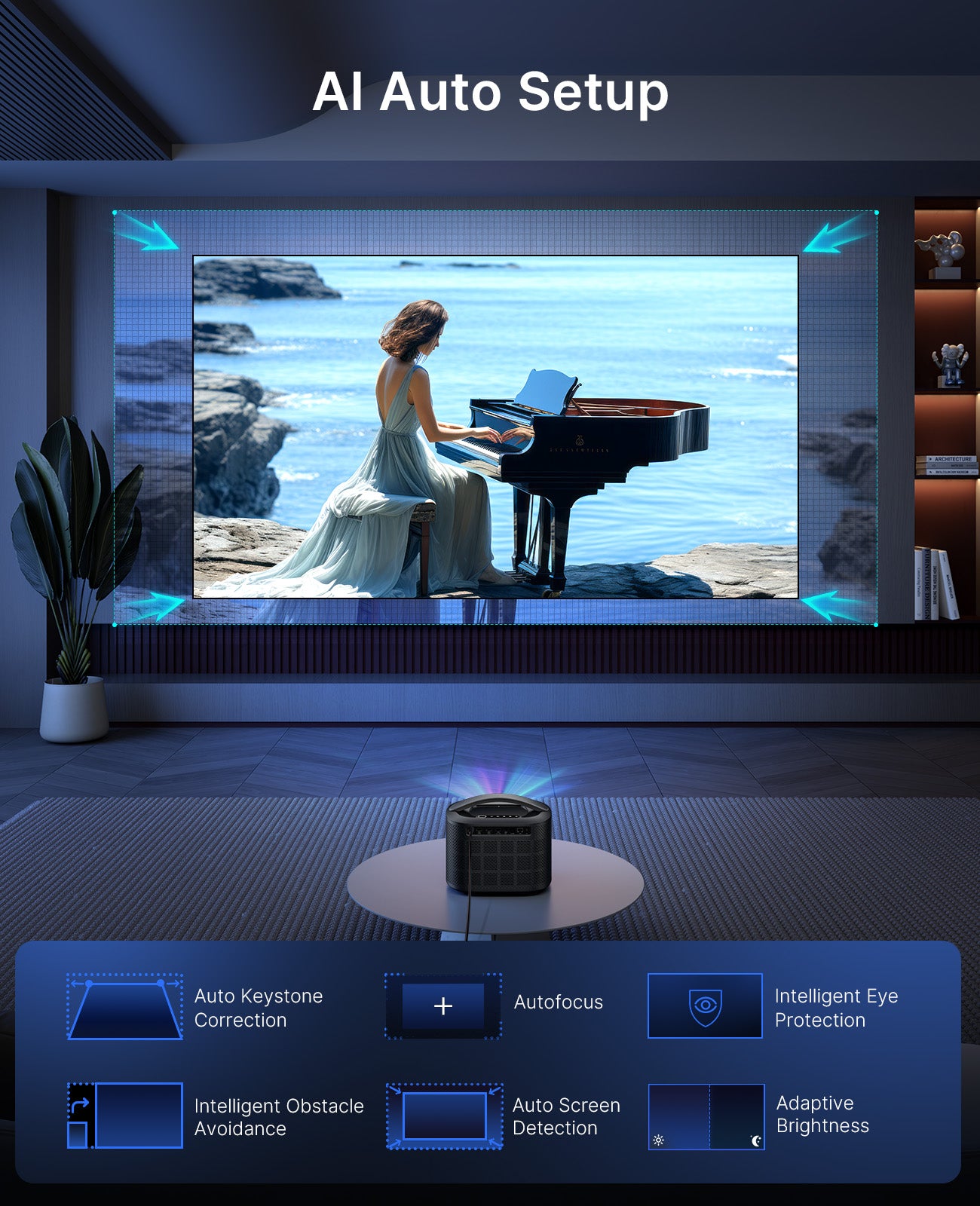 The projector features automatic obstacle avoidance and auto-screen adjustment functions.
