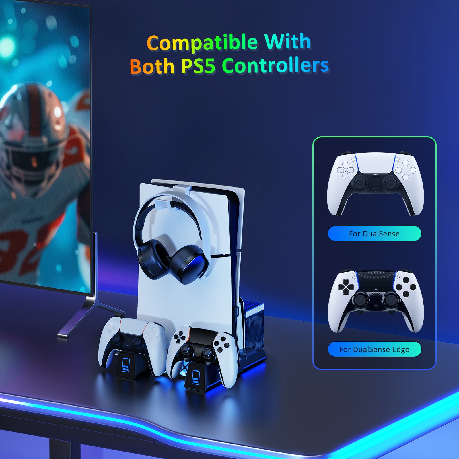 The stand is compatible with two PS5 DualSense or Edge controllers