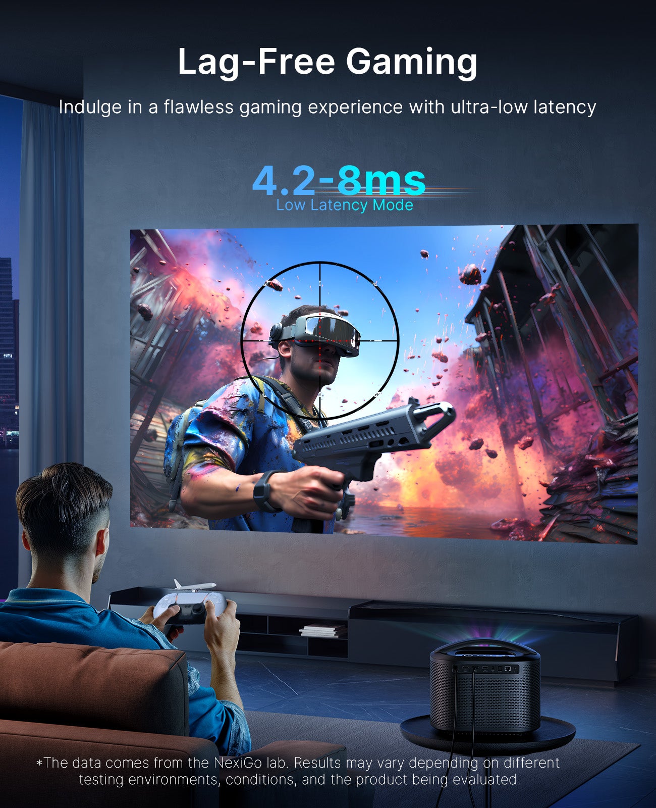 A man is sitting on the sofa playing games with a projector that has a low latency of 4.2 to 8 milliseconds.