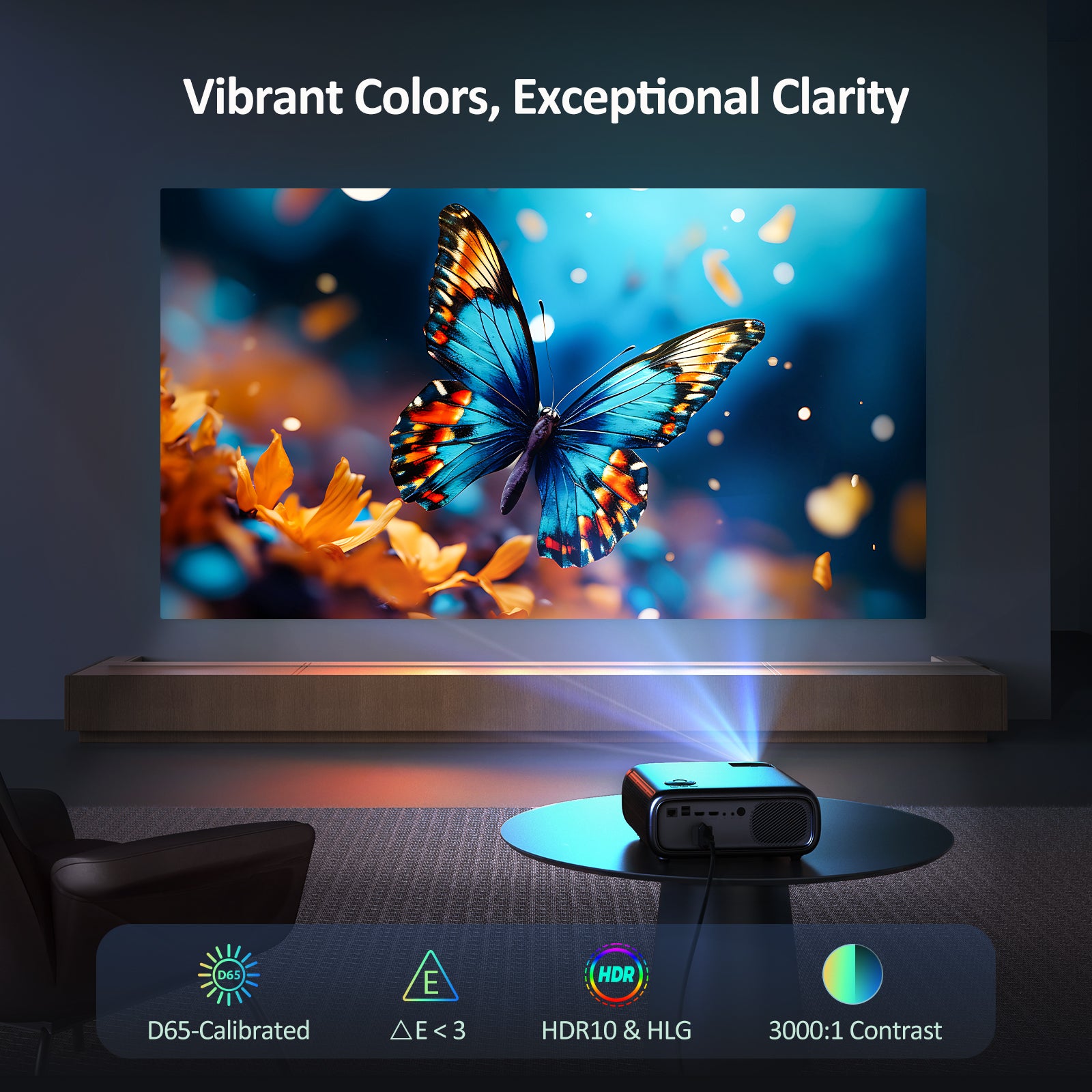 The PJ40 projector accurately reproduces the colors of the butterfly image it projects.