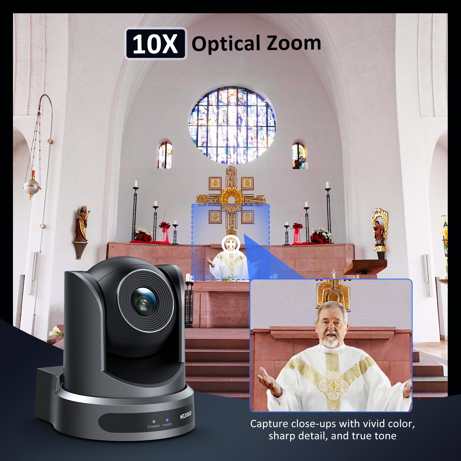 A pastor in a church, NexiGo PTZ Camera zooms in with 10X Optical Zoom