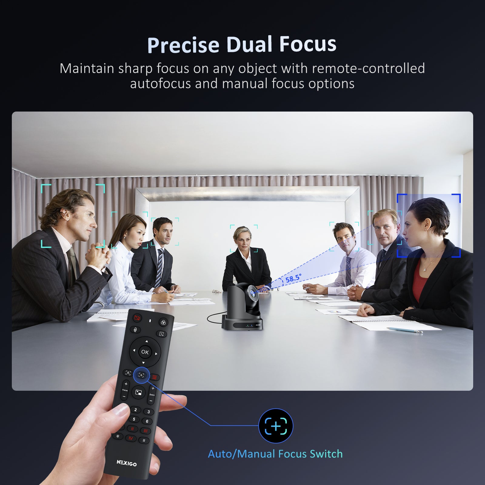 Hand using remote's Focus button to focus on meeting attendees