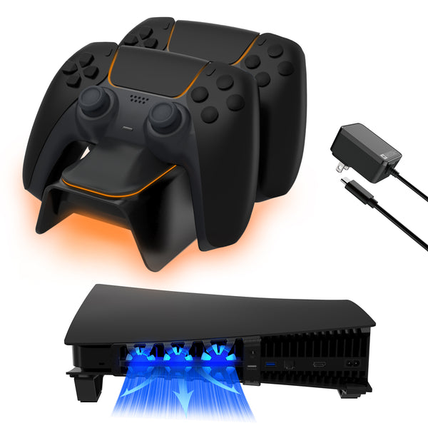 NexiGo PS5 Slient Cooling Stand with RGB LED Light, Dual Charging Station  Compatible with DualSense Edge Controller, Hard Drive Slot, Headset and