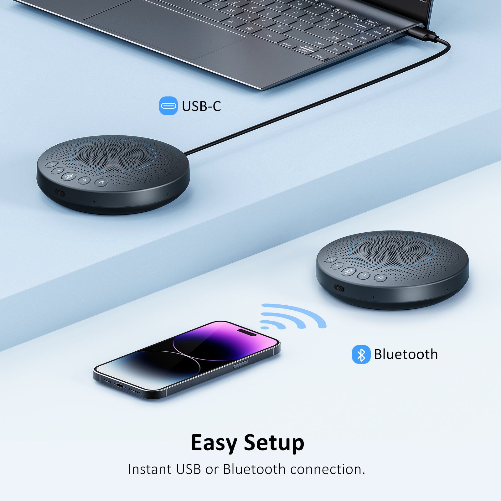 SPK03 Bluetooth Speakerphone: USB or Bluetooth connectivity options.