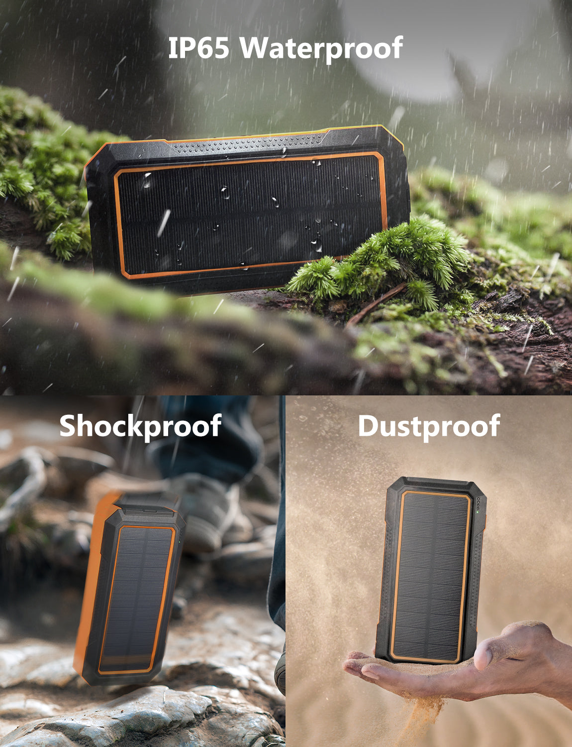 The power bank has an IP65 waterproof rating and is shockproof and dustproof. 