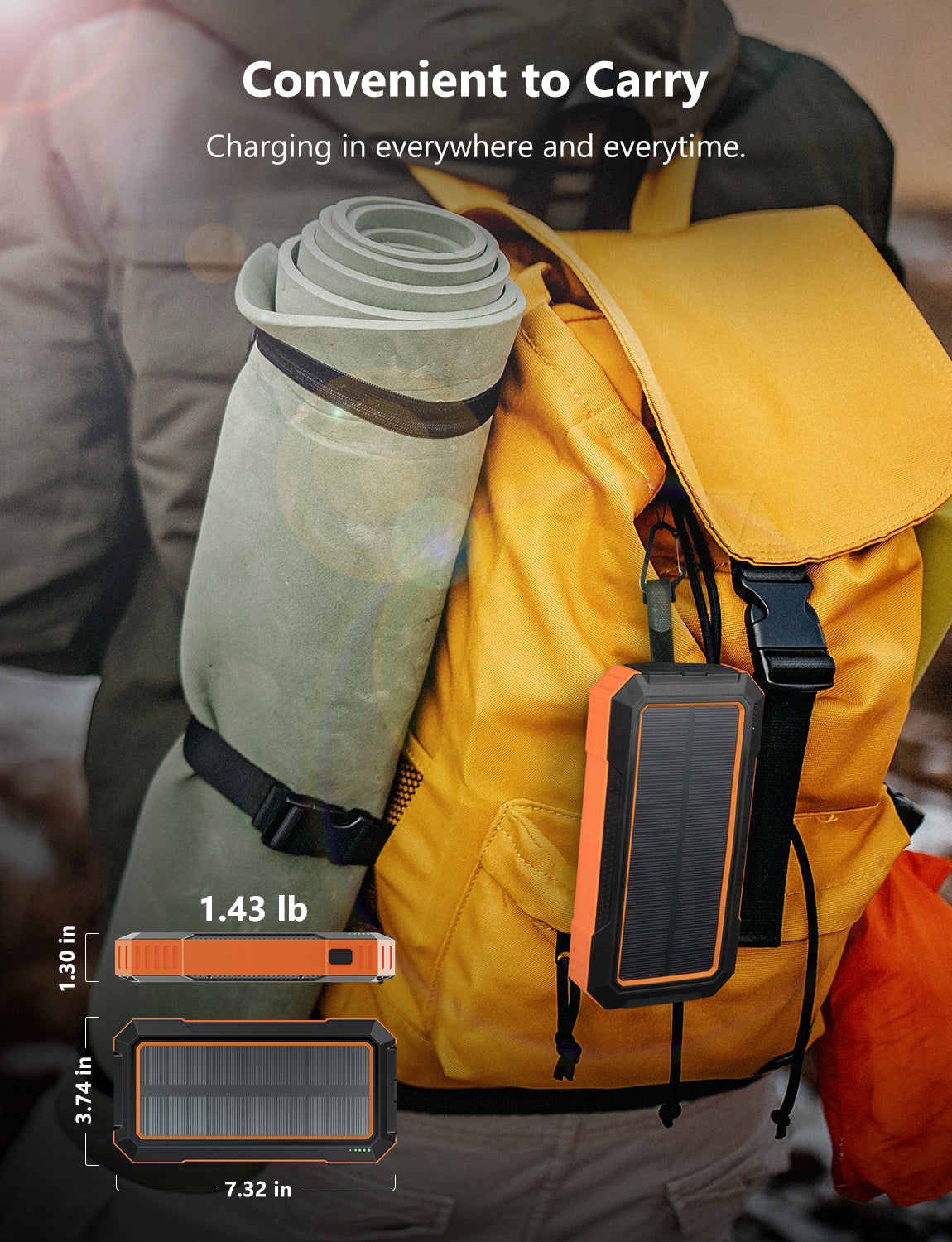 The power bank weighs 1.43 lbs, measures 7.32''  in length, and is 3.74'' in width—perfect for backpack hanging.